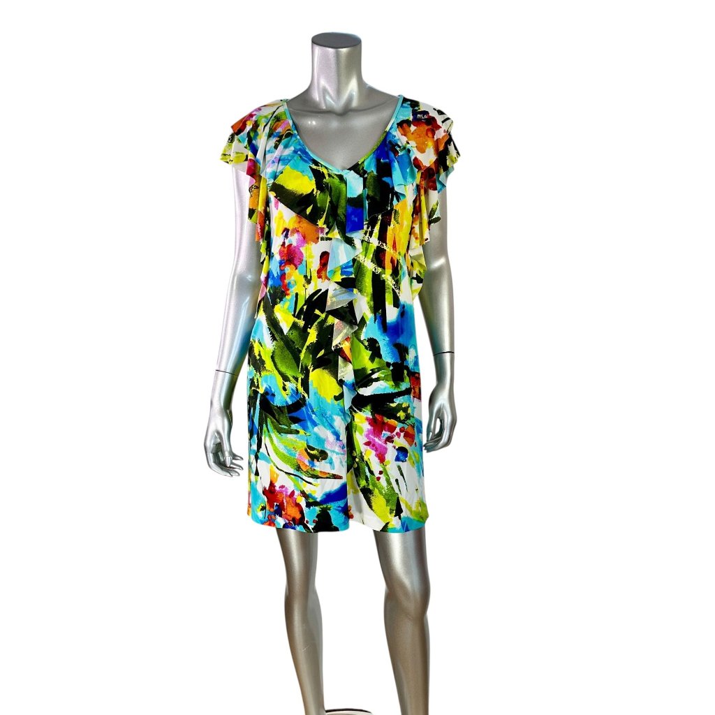 Maggie London White Multicolor Ruffle Sleeve Short Dress 10